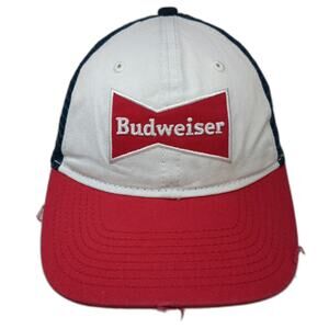 H3 Headwear Budweiser Trucker Hat White Red Blue One Size Distressed Mesh Logo
